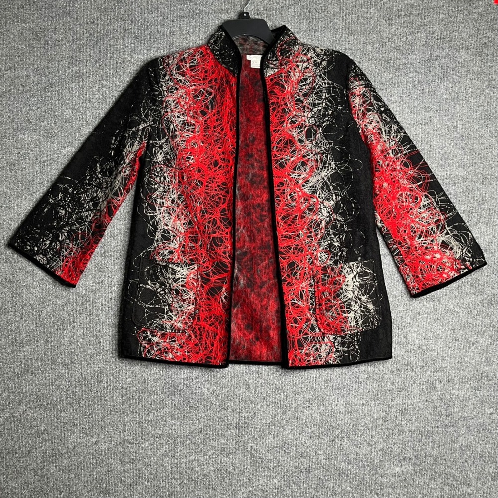 Grace Chuang Red Black Abstract Wool Blend Open Front Jacket Mandarin Collar M